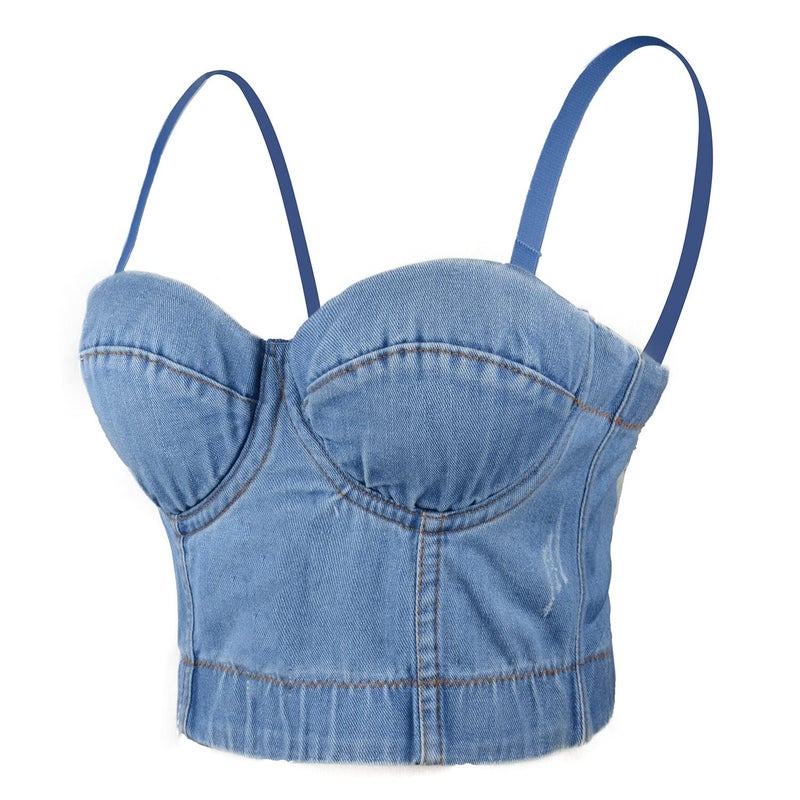 ELLACCI Women's Denim Bustier Crop Top Jean Corset Top Bra with Detachable Straps Small - Image 1